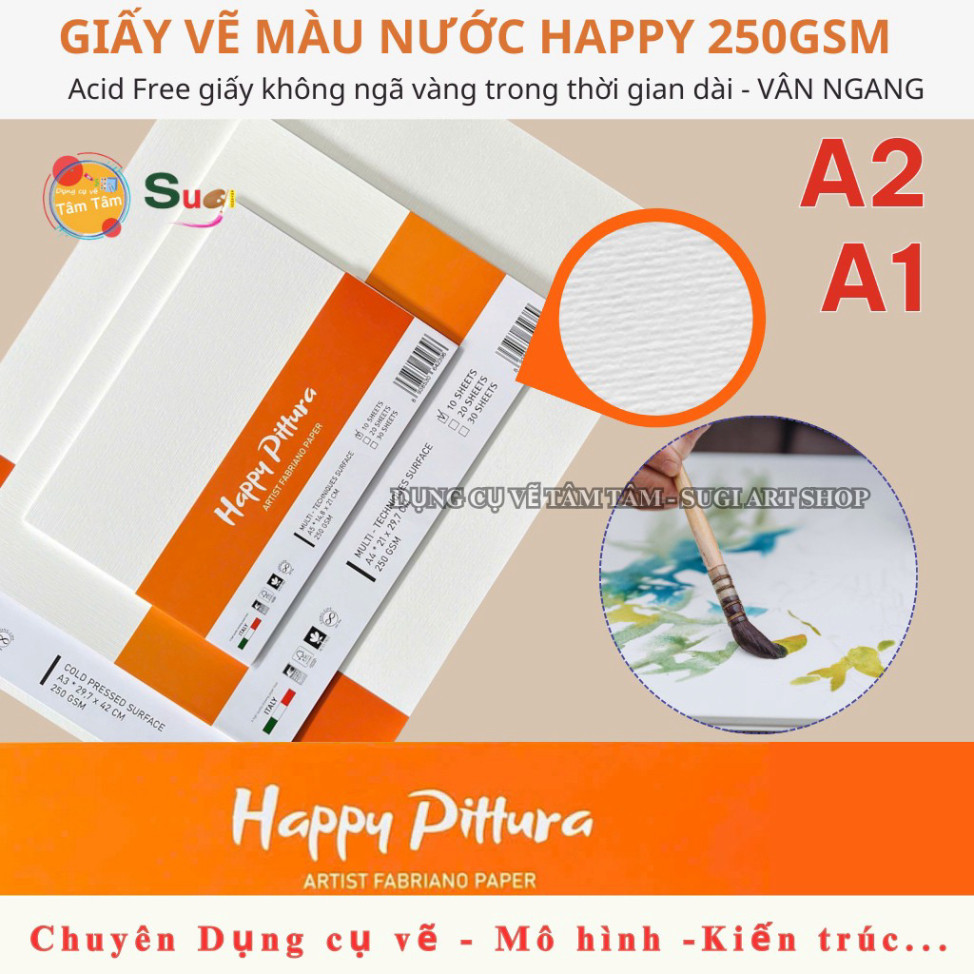 [ Gò Vấp ]  [ Tâm Tâm ] Giấy vẽ màu nước 250gsm , Giấy HAPPY PITTURA, Canson 250gsm A2 / A1