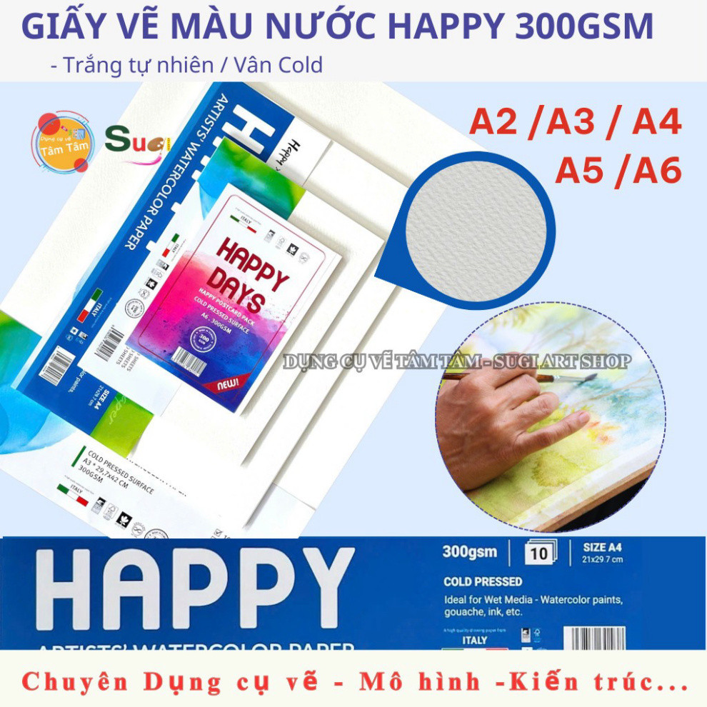 [ Gò Vấp ]  [Tâm Tâm ] Giấy vẽ màu nước Happy 300gsm, Giấy Canson 300gsm Happy size A6 , A5 , A4 , A