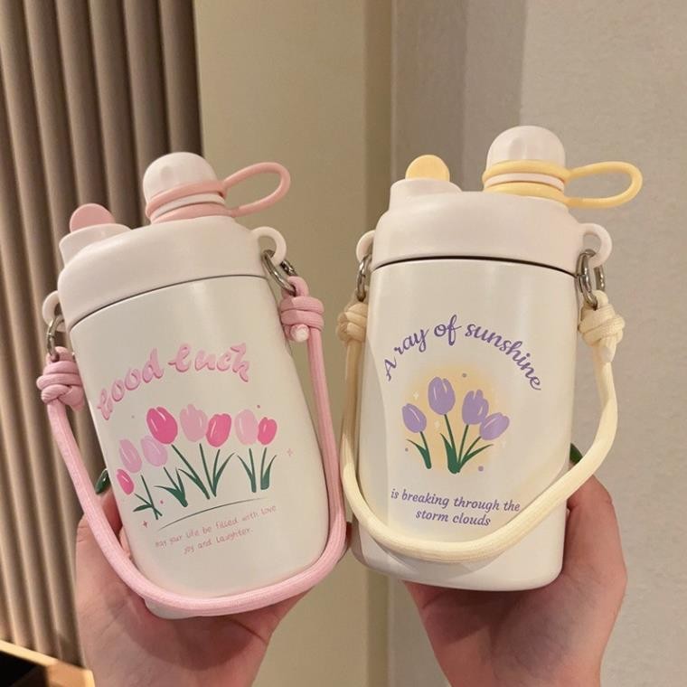 Bình giữ nhiệt hoạ tiết Hoa TuLip 500ml có dây xách, ly giữ nhiệt inox 316 họa tiết dễ thương có dây