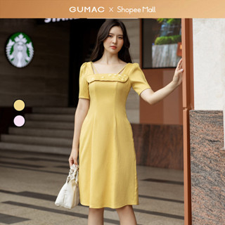 [3.9 MUA 2 GIẢM 50K] Đầm nữ A cổ vuông đính hoa nhí tay ngắn phồng vải bố mềm thời trang GUMAC DD06046