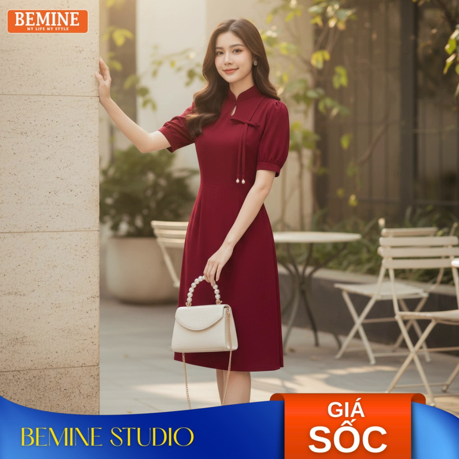 Đầm thiết kế BEMINE cổ tàu khoét giọt nước dáng chữ A phù hợp đi chơi-B423