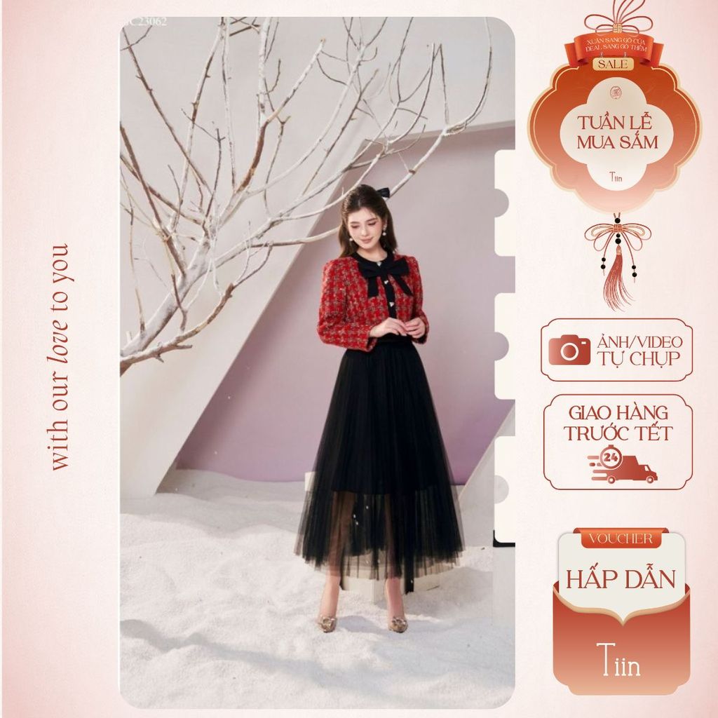 Chân váy xếp ly midi dáng dài voan lưới bốn màu freesize Tiin Store GC23062