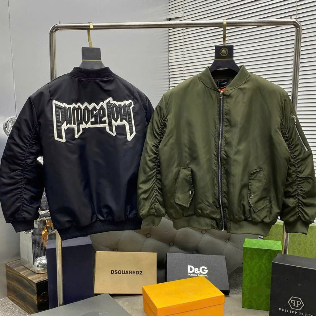 Áo khoác bomber gió nam nữ họa tiết đen thêu chữ da Purpose Tour lưng phối túi khoá tay trần bông 3 