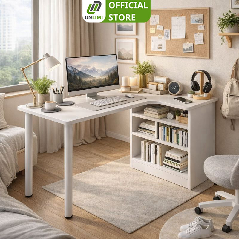 Bàn Làm Việc Chữ L Có Kệ Sách | Bàn Học Góc Tiết Kiệm Diện Tích UNLIMI - GM232