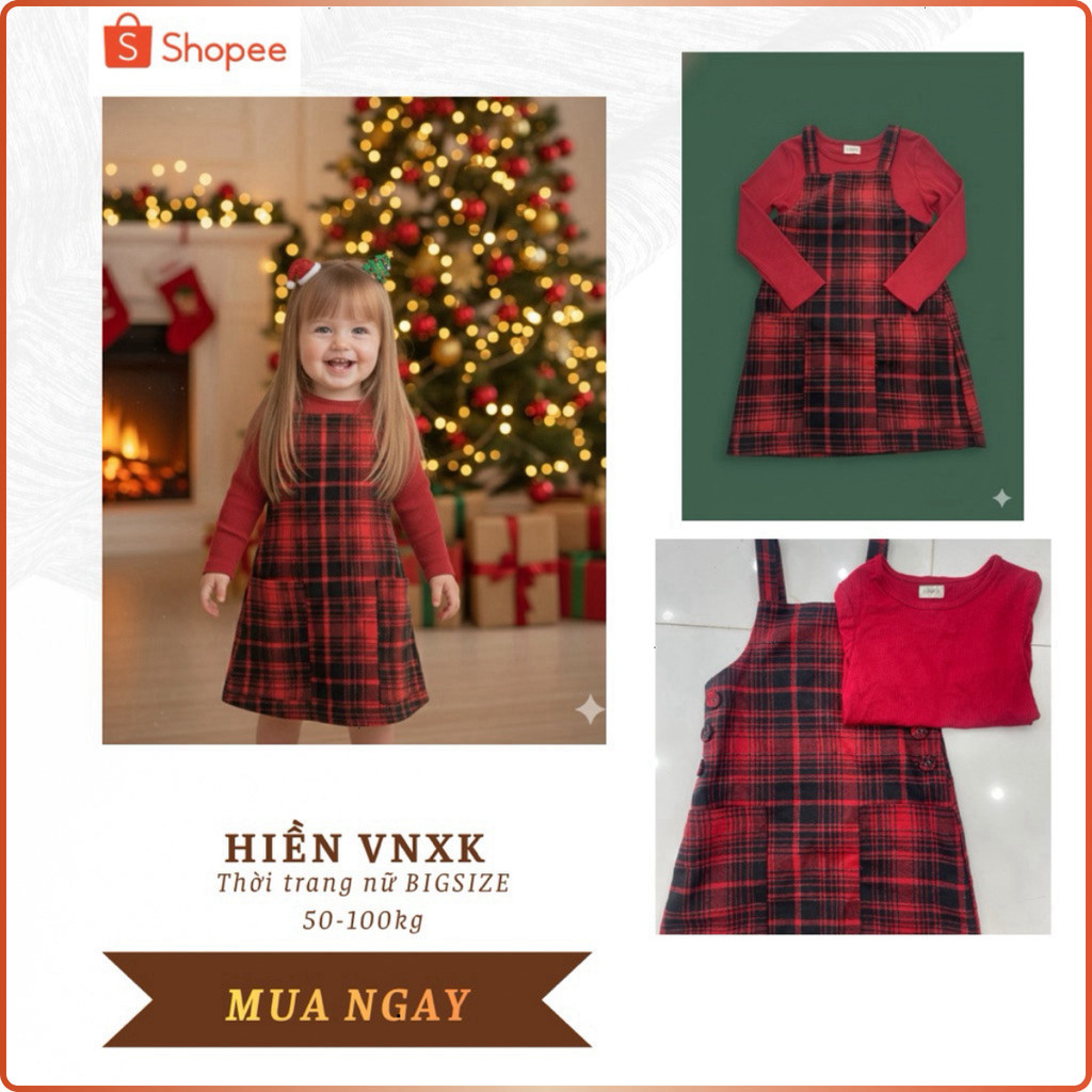 [Hiền VNXK] Set yếm dạ bé gái 4-7 tuổi, kèm áo thun tay dài màu đỏ , phù hợp cùng bé đón Noel hàng c