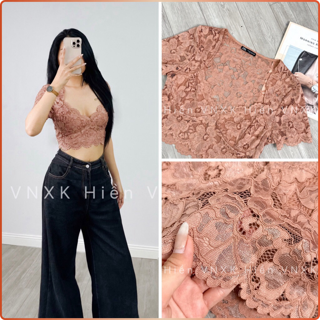 [ Hiền.VNXK ] Áo croptop ren sexy nữ, tay con, ren mềm mịn không ngứa hàng ZR chuẩn xịn VNXK Hiền VN
