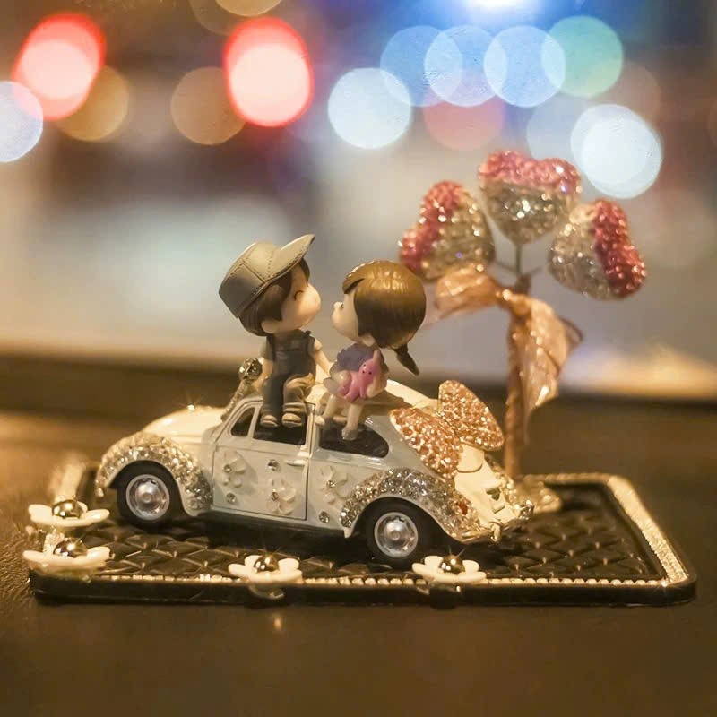 Decor Ô Tô Xe Beetle Trắng Kèm Bình Bóng Đính Đá Decor Nội Thất Xe Hơi Sang Trọng