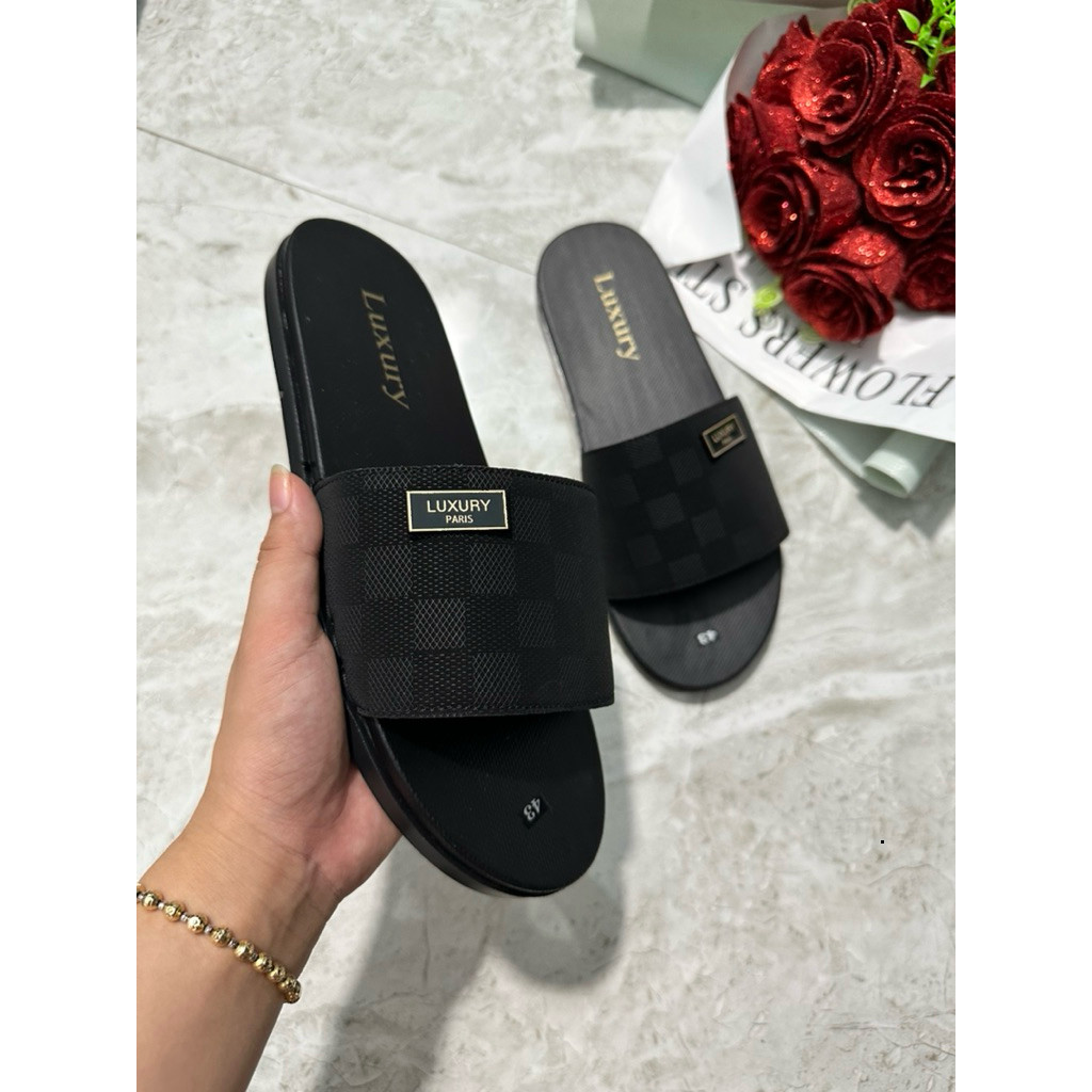 💝Luxury💝 Dép Da Nam Quai Ngang Luxury Cao Cấp Đế Cao Su Ma Sát Chống Trơn