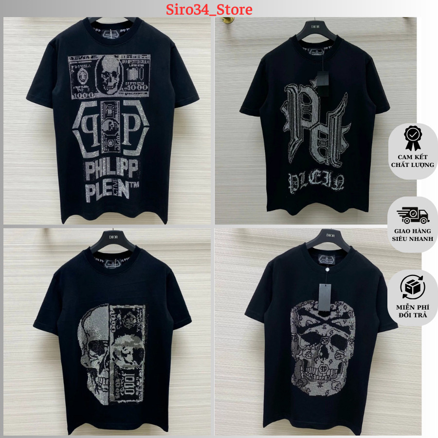 Áo Phông Philipp Plein Nam Nữ Phối In Kim Tuyến Trước Ngực. Áo Thun Philipp Plein Tay Ngắn In Hình Đ