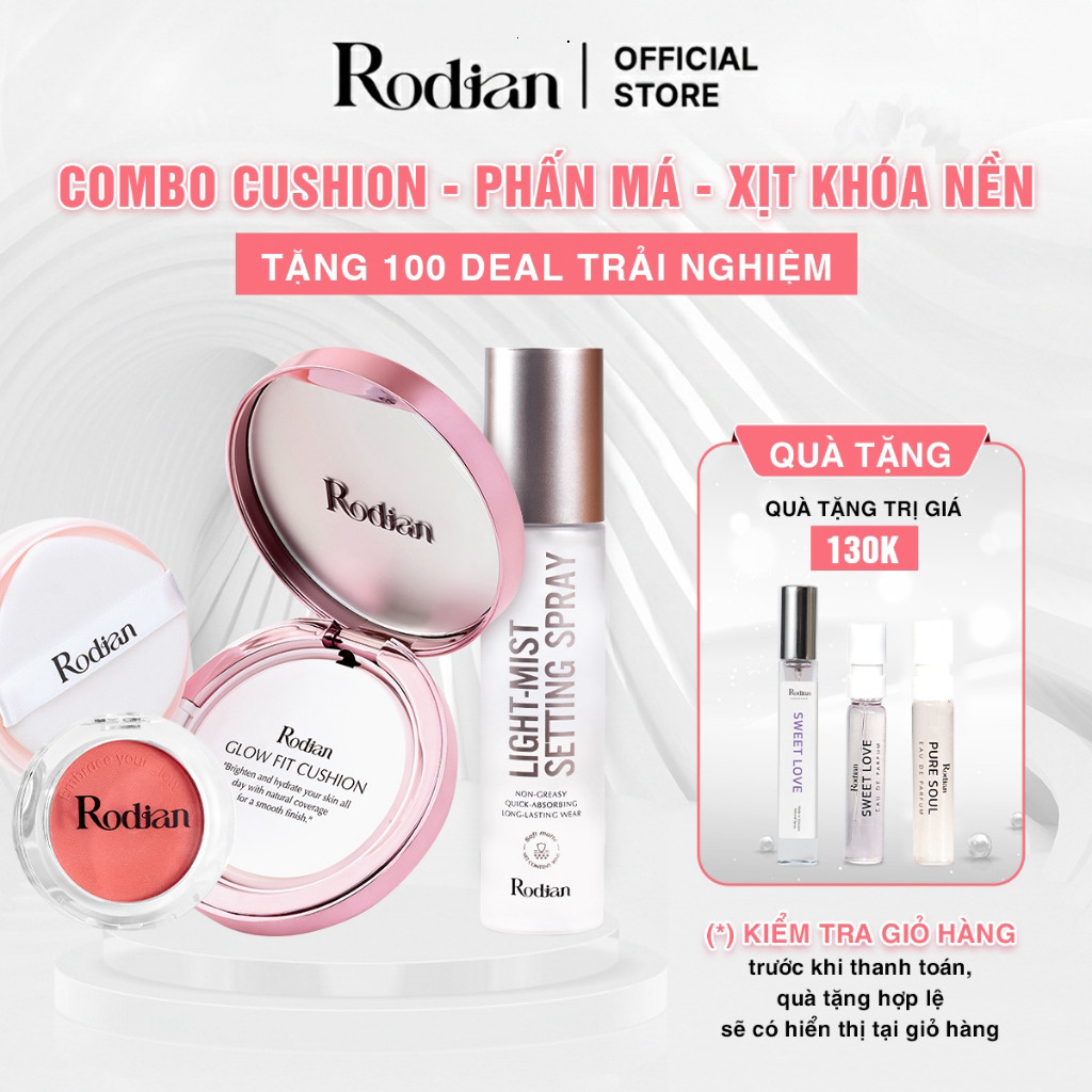 Combo Cushion Chống Nắng Rodian Glow Fit - Phấn Má Hồng - Xịt Khóa Nền Trang Điểm Rodian Light