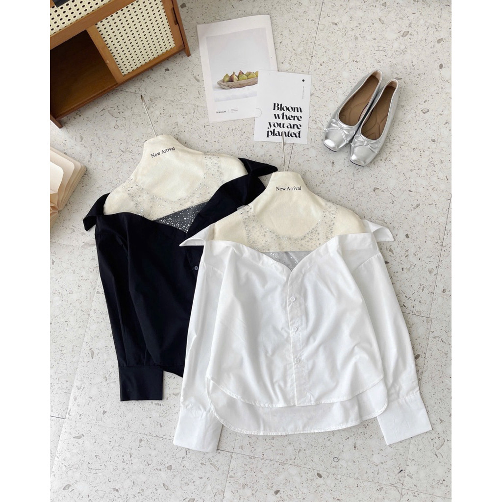 Áo sơ mi trễ vai cổ đá bling bling trẻ trung