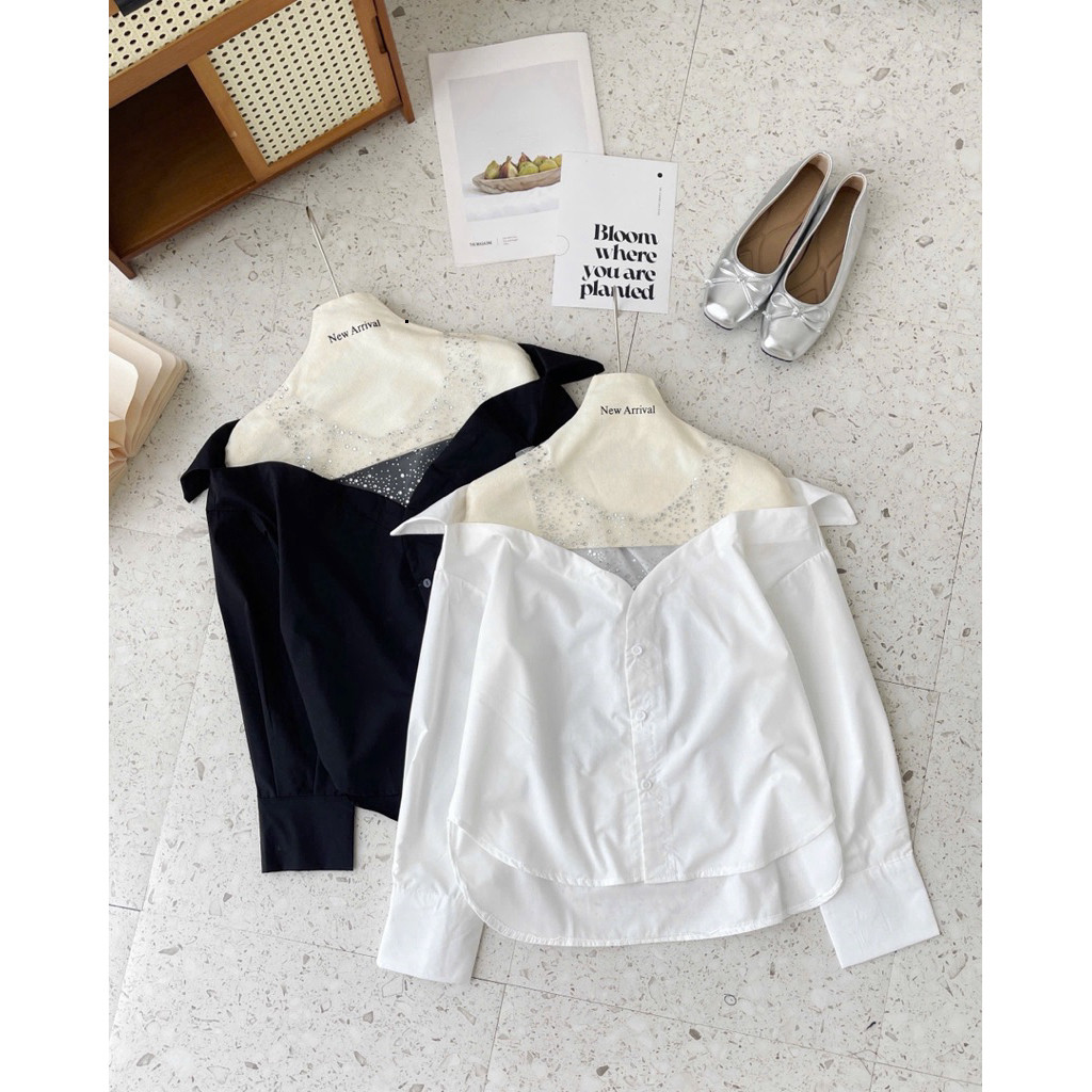 Áo sơ mi trễ vai cổ đá bling bling trẻ trung