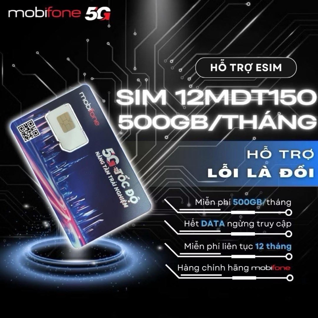12mdt150 sim lên mạng mobifone 12 tháng. Dung lượng 500gb/tháng
