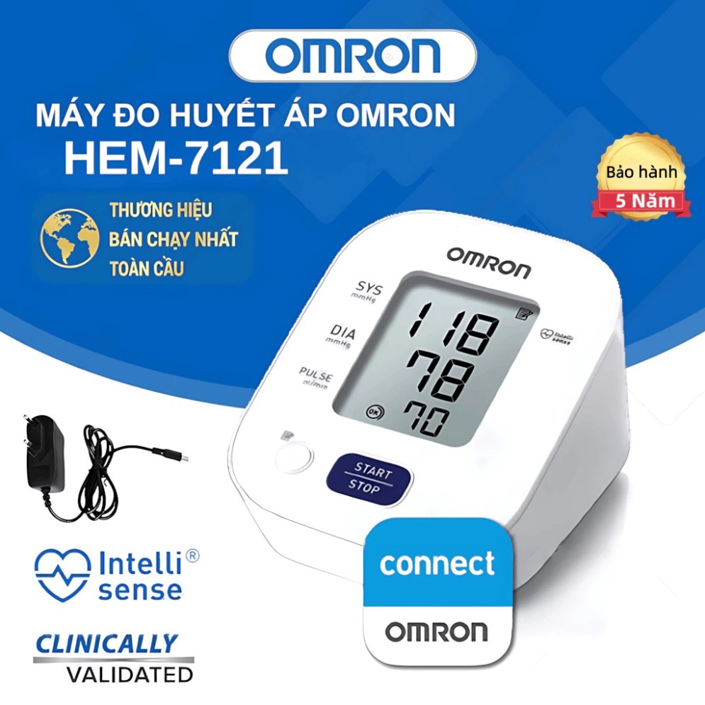 Máy đo Huyết áp tại nhà Omron HEM 7121, Đọc kết quả Tiếng Việt, Bảo hành 5 năm, Tặng Kèm Adapter.