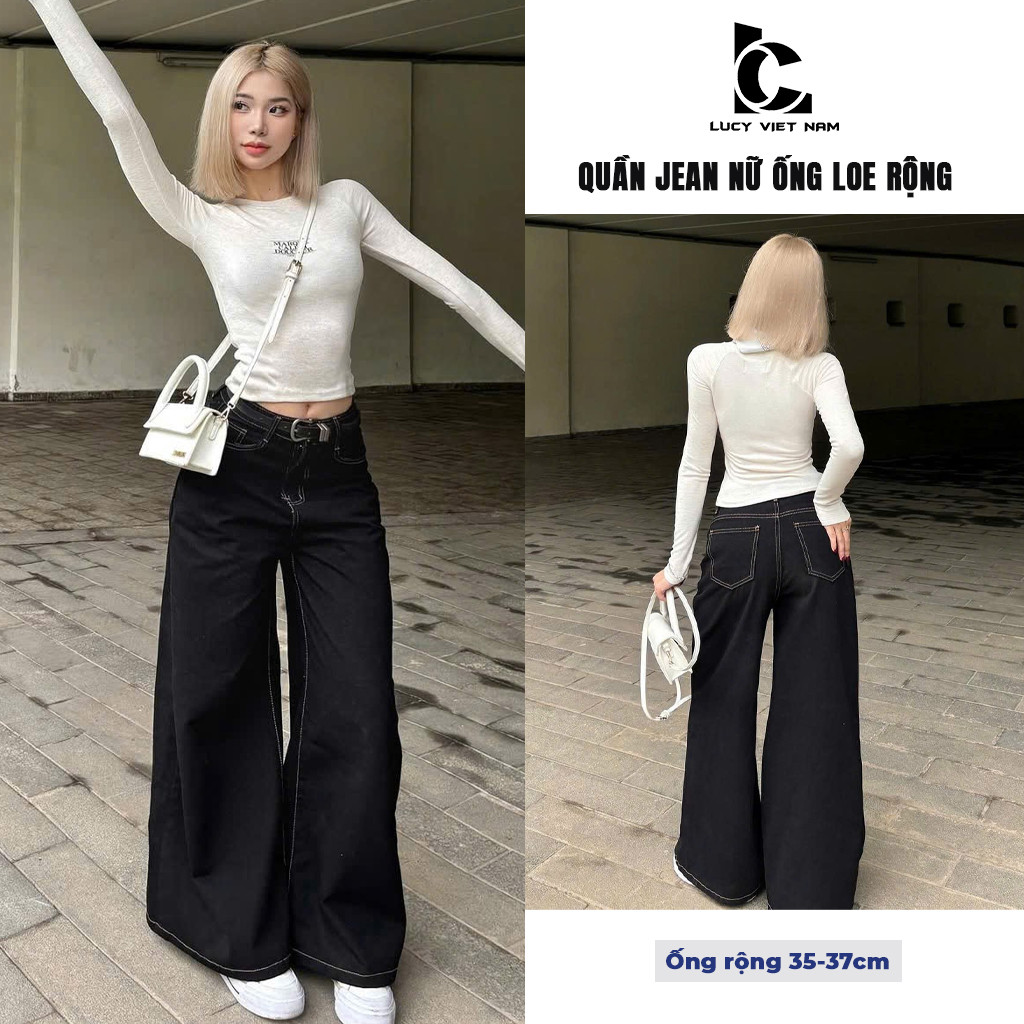 Quần Jean Ống Rộng Nữ Màu Đen Chỉ Nổi AVO AVOCADO Dáng Loe Rộng Lưng Cao Ống 35 –37cm Style Streetwe