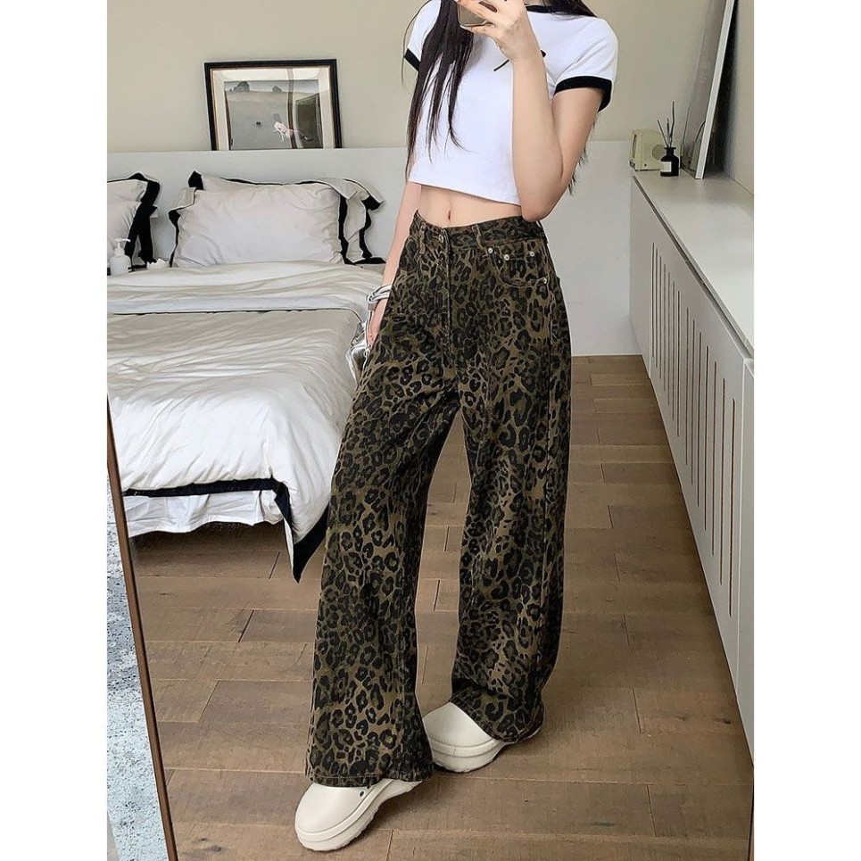 [2hand] Quần jeans ống rộng phủ chân phối họa tiết da beo 2hand