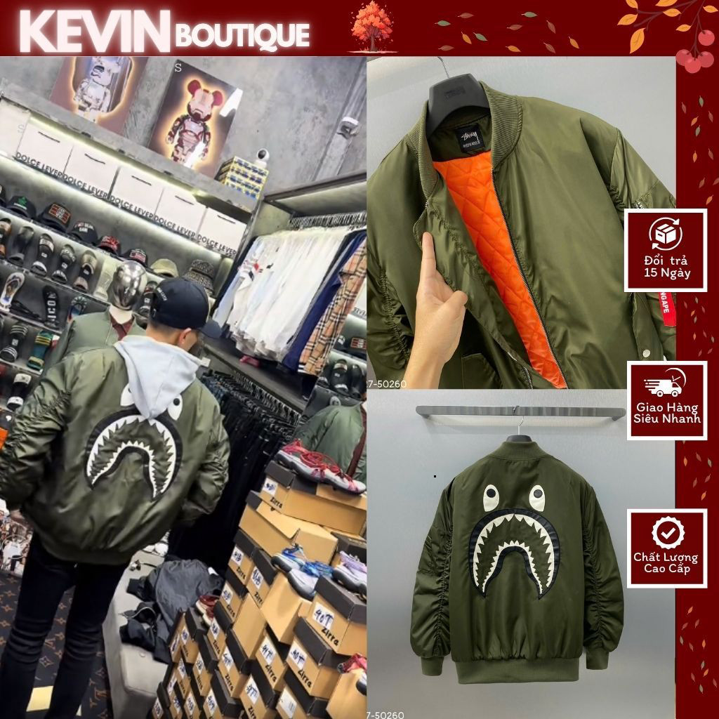 🔥TOP🔥 Áo Bape Bombe bape cá mập r Nam Trần Bông Quần Áo Nam Bomber Cá Mập Thêu Mềm