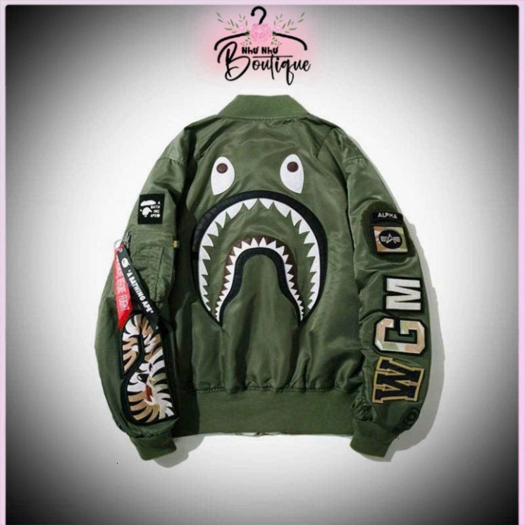 🔥TOP🔥 Áo Bomber bape cá mập  Màu Xanh Rêu 2 Lớp Dày Dặn Khoác Gió Dáng Rộng Nam Nữ Bape