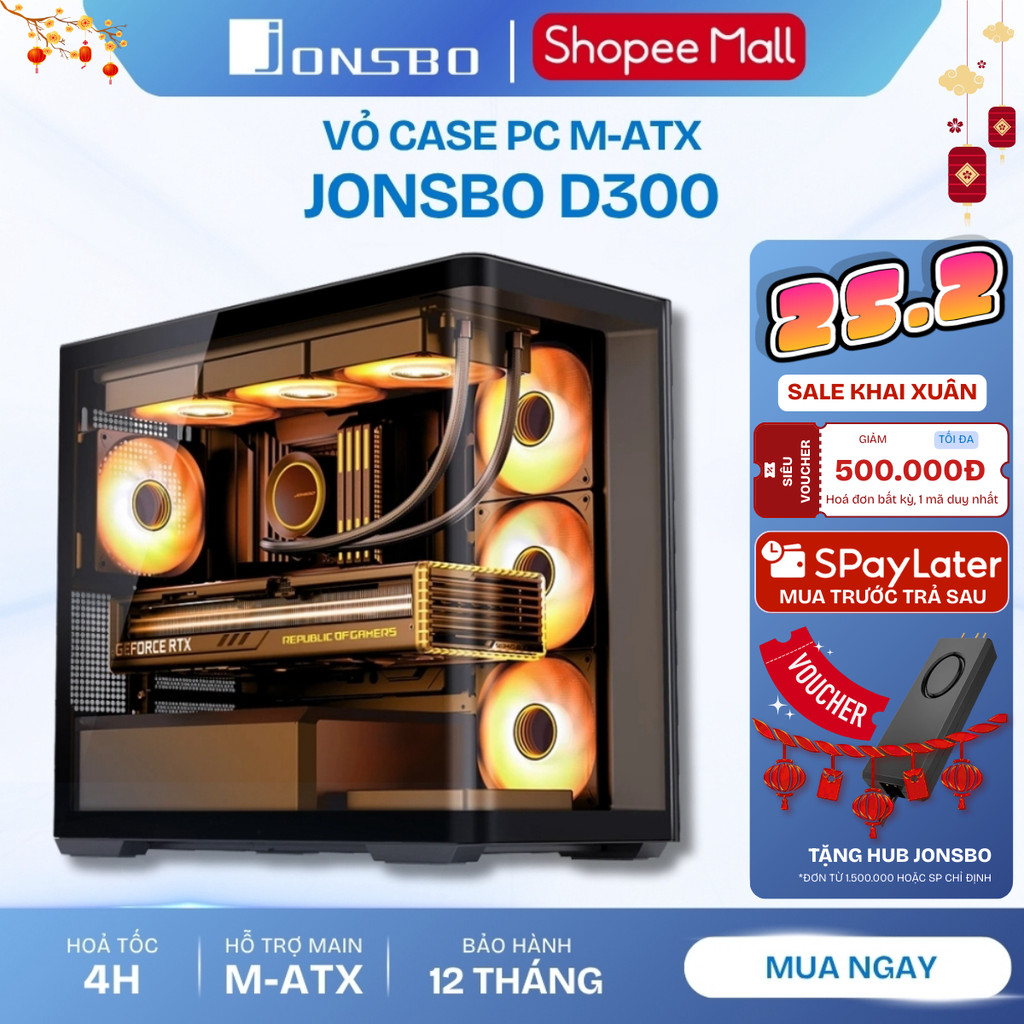Vỏ Case PC Jonsbo D300 Black – Kính cường lực 4mm, Hỗ trợ M-ATX/ITX, VGA 430mm, Radiator 360mm