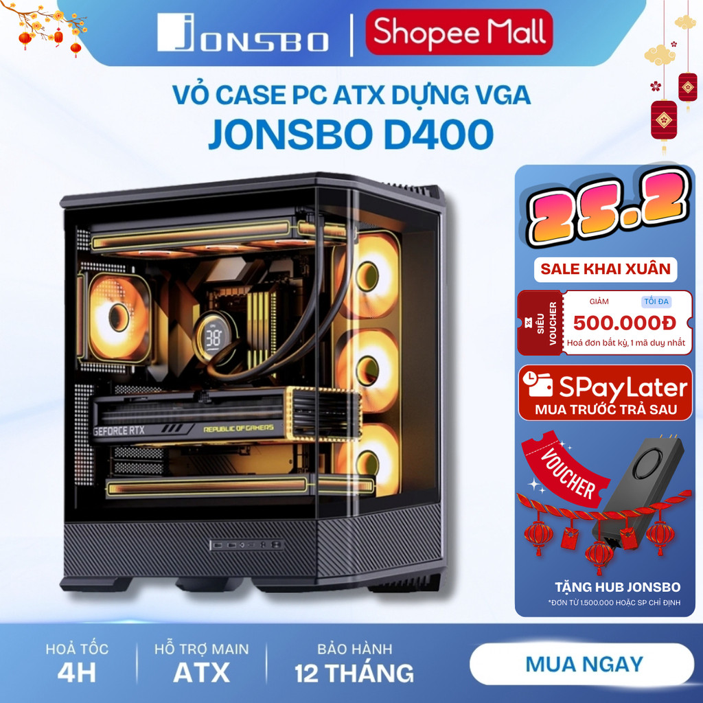 Vỏ Case PC Gaming Jonsbo D400 Black ATX M-ATX ITX – Hỗ Trợ Tản Nhiệt Nước 360mm, Kính Cường Lực