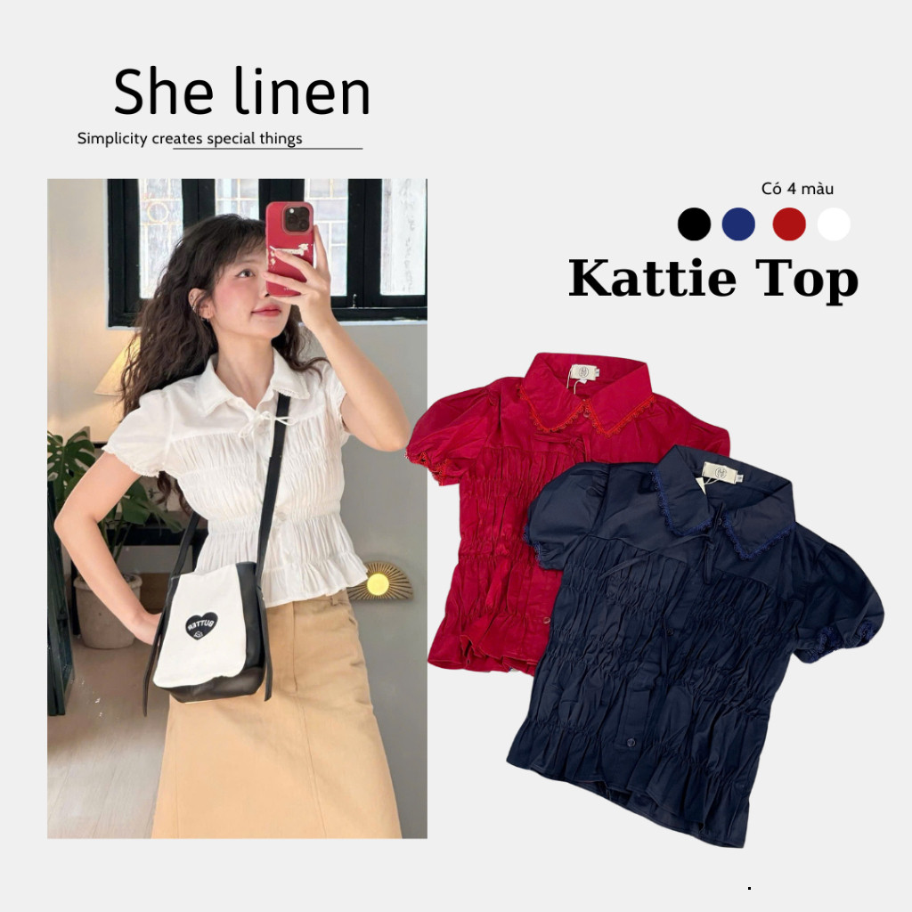 KATIE TOP- Áo Sơ Mi Bo Chun, Áo Sơ Mi Ôm Bo Eo Tiểu Thư She Linen