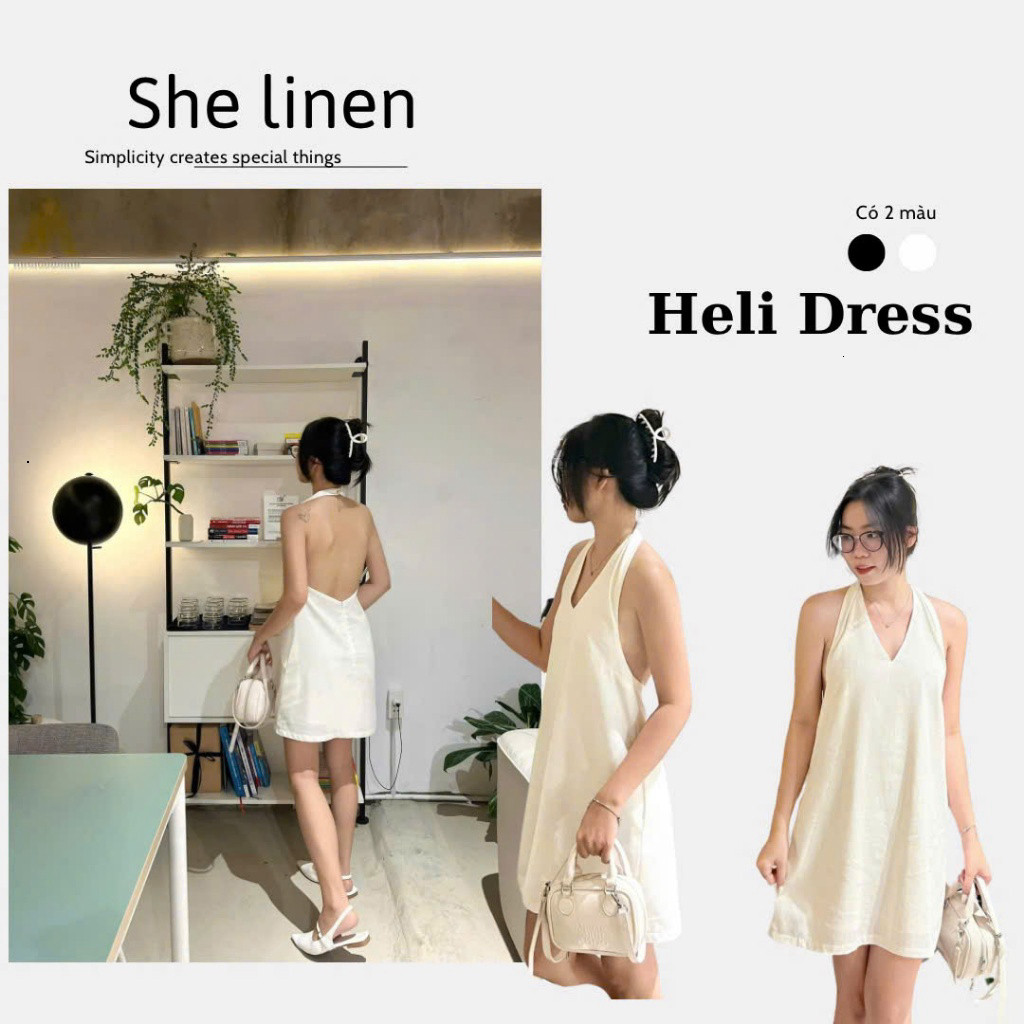 HELI DRESS- Đầm Yếm Hở Lưng Linen, Đầm Yếm Cổ V She Linen
