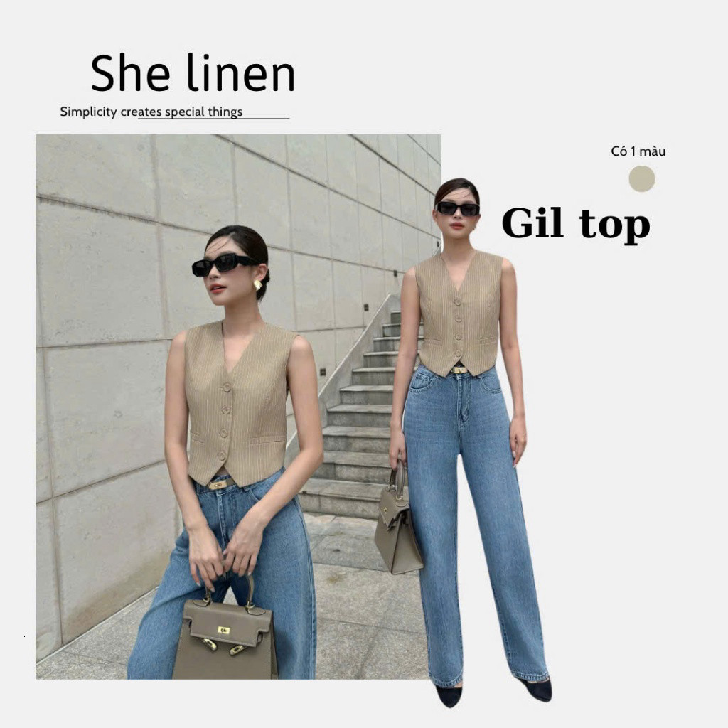 GIl TOP- Áo Ghi Lê Sọc Kẻ Nút Bọc, Áo Gile Tôn Dáng She linen