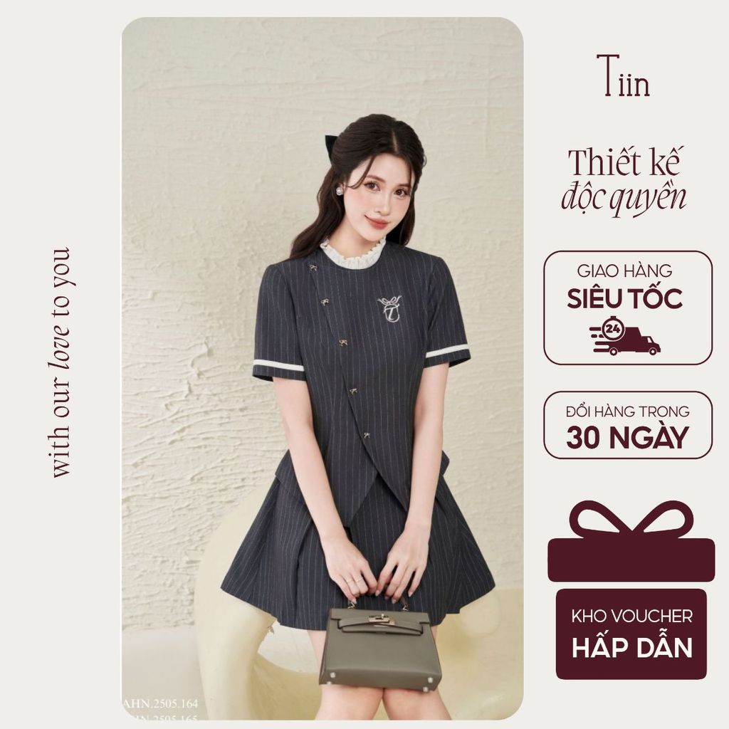 TIINSTORE Áo cổ bèo kiểu nữ thiết kế phối chân váy xếp ly tiểu thư sang chảnh AHN.2505.164 CHN.2505.