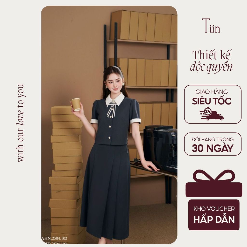 TIINSTORE Áo kiểu nữ thiết kế cổ đức đính nơ thanh lịch phối Chân váy xoè công sở AHN.2504.102 CHD.2