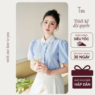 TIINSTORE Áo sơ mi nữ thiết kế cổ đức đính khuy đá tay bồng nữ tính đi học đi làm AHN1024