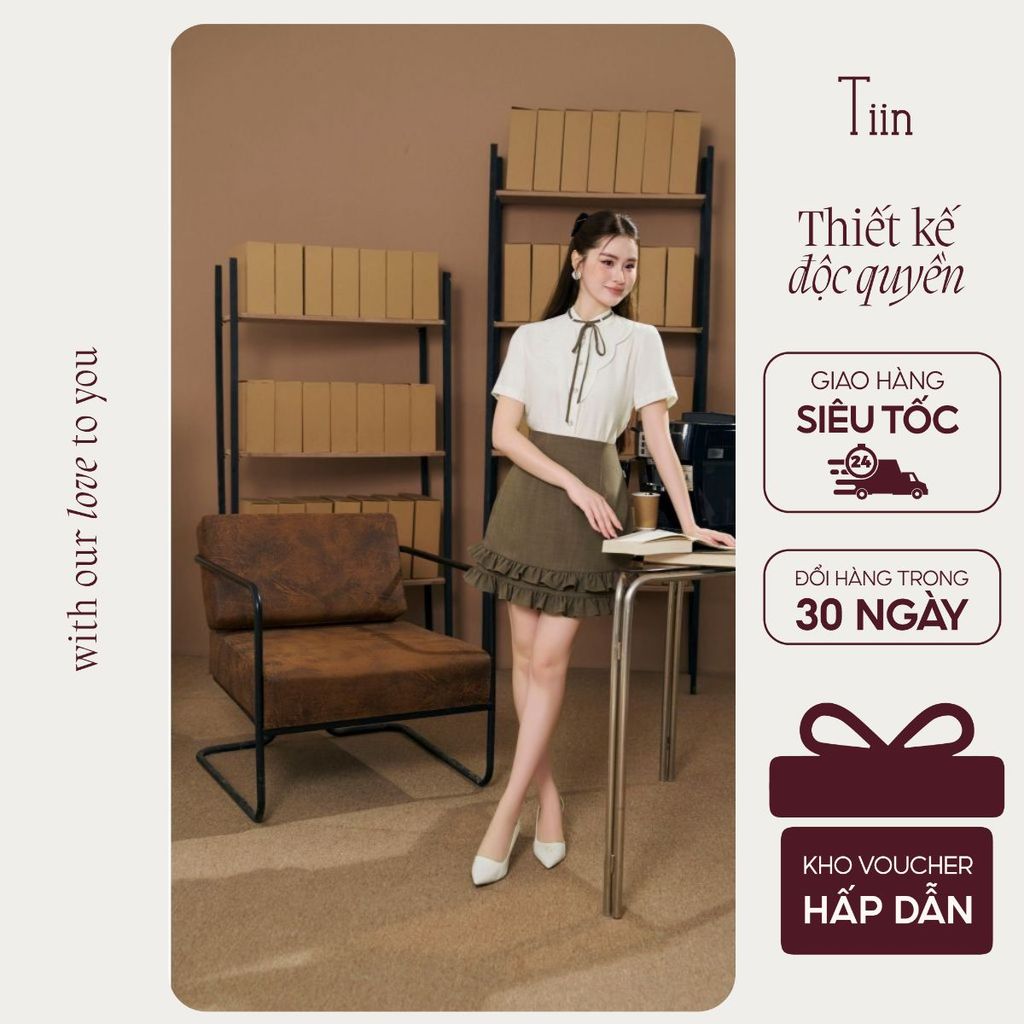 TIINSTORE Chân váy nữ thiết kế cạp liền dáng A điệu đà nữ tính gấu đáp bèo nhún CHN.2504.148