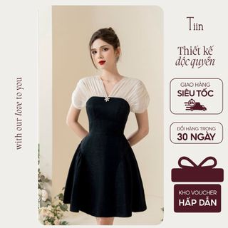 TIINSTORE Váy đầm cổ V đính đá thiết kế phối tơ đầm kiểu nữ đi tiệc sang chảnh nữ tính VHN822