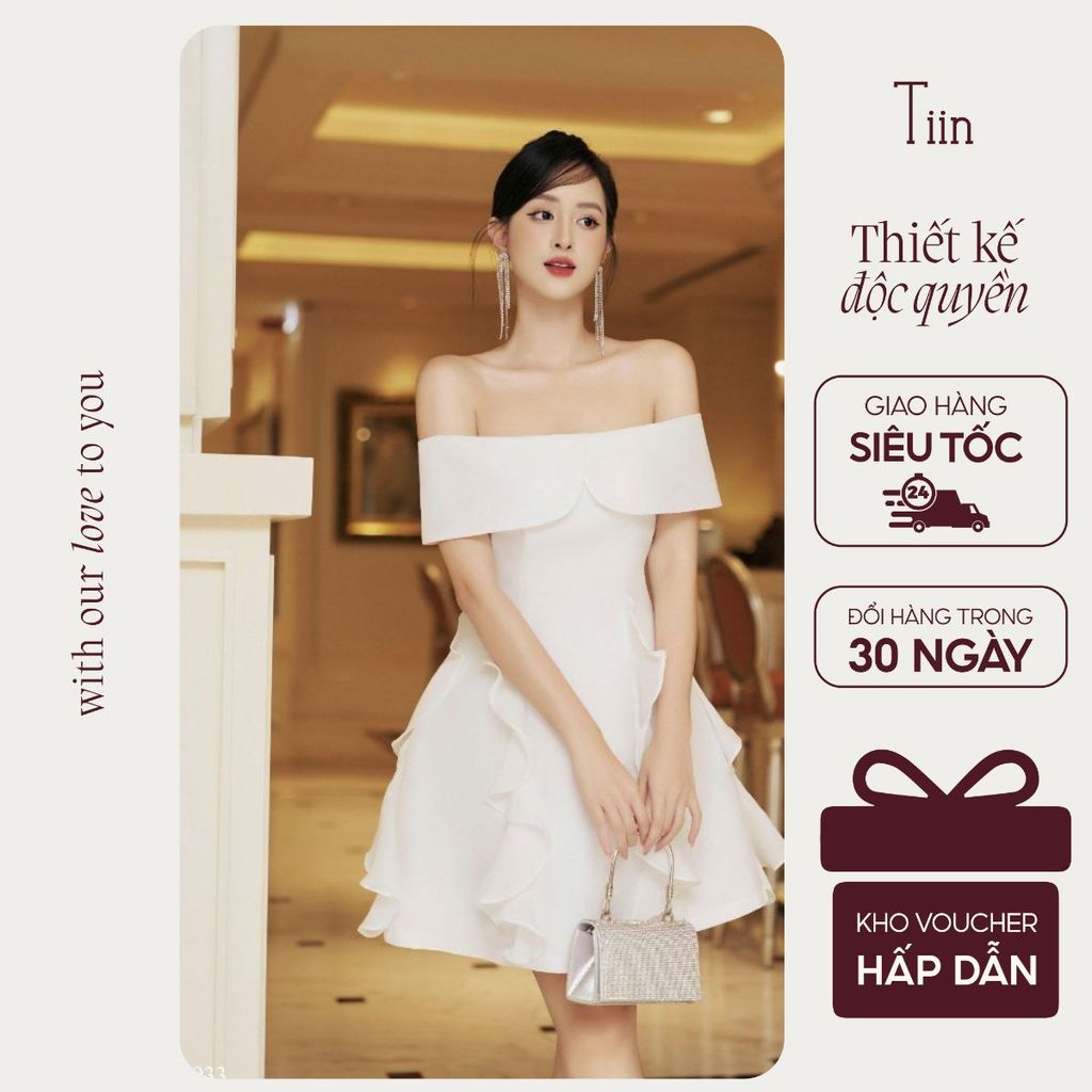 TIINSTORE Váy tiệc trắng dáng ngắn trễ vai đáp chéo chân phối bèo Tiin Store VHN933