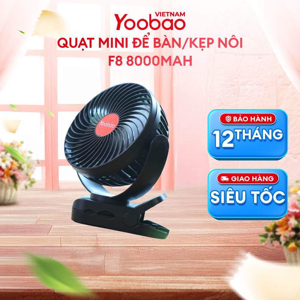 Quạt sạc mini Yoobao F8 để bàn/kẹp nôi 8000mAh 3 tốc độ | Đèn LED + sạc dự phòng | Bảo hành 12 tháng