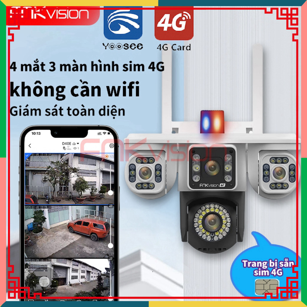 Yoosee Camera 3 mắt Fnkvision 4G 18Mp, xem 360 độ, ban đêm có màu, hai giao diện quan sát