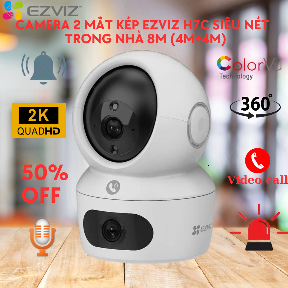 Camera wifi 2 mắt kép trong nhà ezviz H7C 8M cực nét 2k + gọi video call xoay 360 độ, còi báo động h