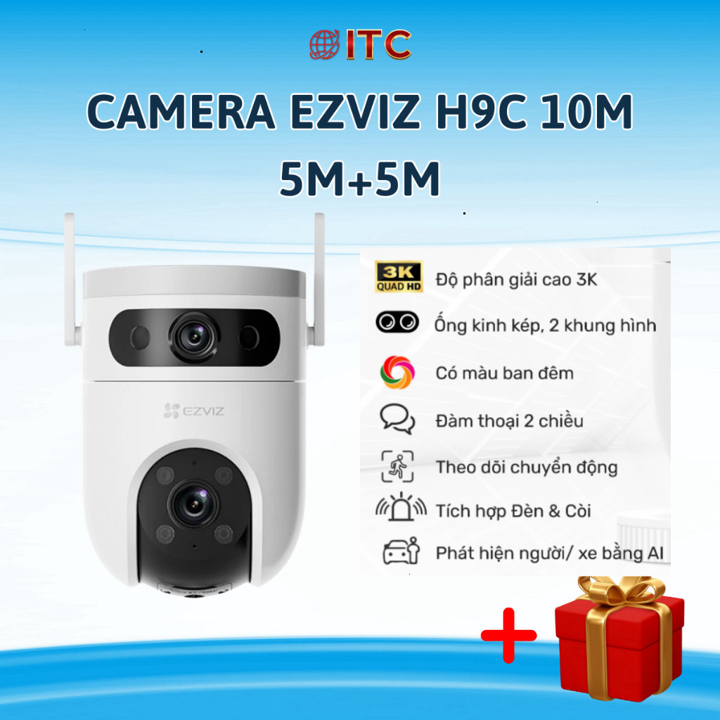 Camera ezviz ngoài trời 2 mắt kép dual camera 10MP H9C và 6M chống nước xoay 360 độ, báo động còi hú