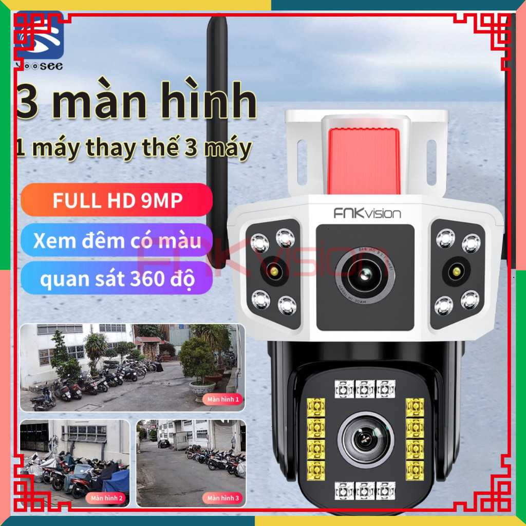 FNKvision camera 3 màn hình 1 camera thay thế cho nhiều camera Yoosee 9MP xoay 360 độ, xem đêm có mà