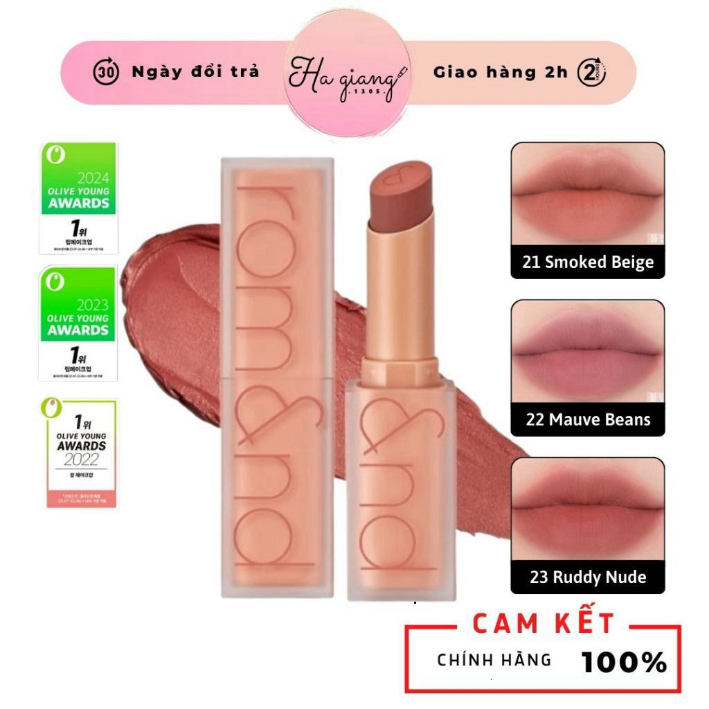 [Shell Beach Nude Collection] Son Thỏi Lì Romand Zero Matte Lipstick 23 Ruddy Nude Đỏ nude, 22 Mauve