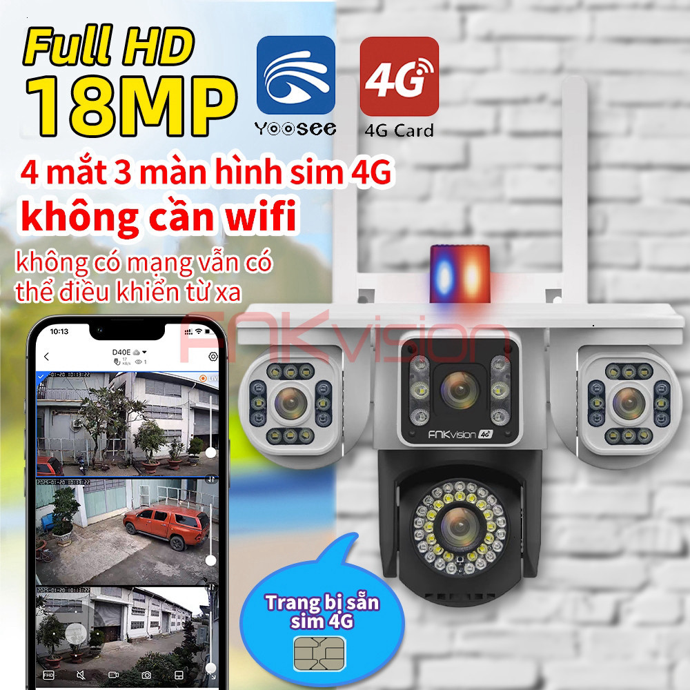 Yoosee 3 mắt 18MP D38Z/4G ,FNKvision Camera năng lượng mặt trời 4G xoay chuyển Tiền điện 365 ngày 0 