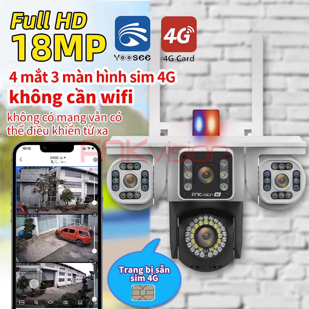 Yoosee 3 mắt 18MP D38Z/4G ,FNKvision Camera năng lượng mặt trời 4G xoay chuyển Tiền điện 365 ngày 0 