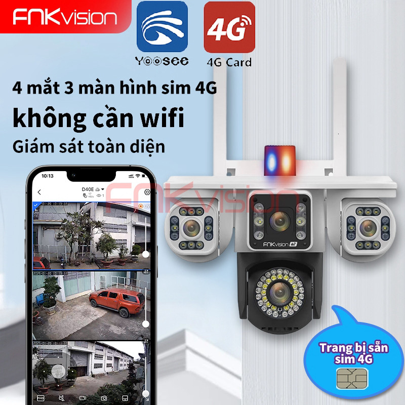 Yoosee Camera 3 mắt Fnkvision 4G 18Mp, xem 360 độ, ban đêm có màu, hai giao diện quan sát