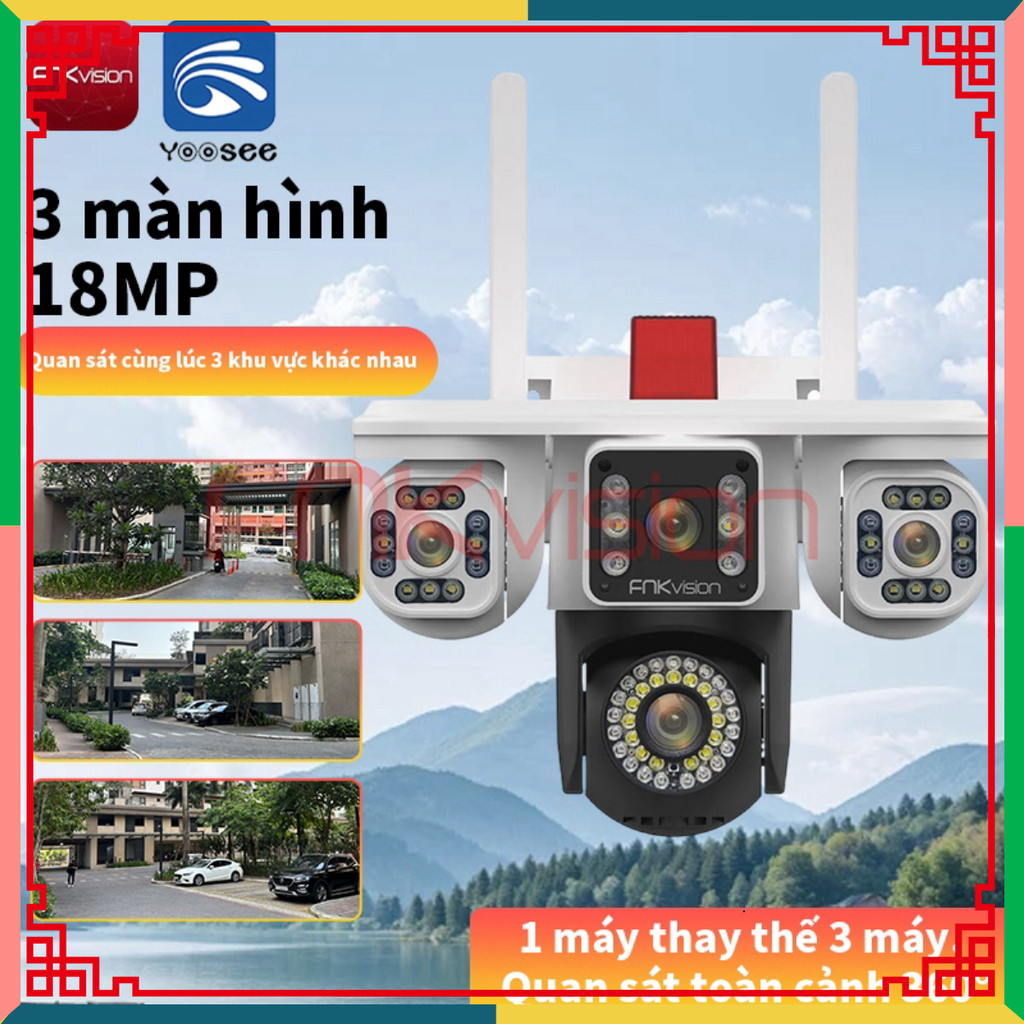 [FNKvision] Camera 4 mắt 3 màn hình Yoosee 18MP xem đêm có màu Camera ngoài trời chống mưa chống nướ