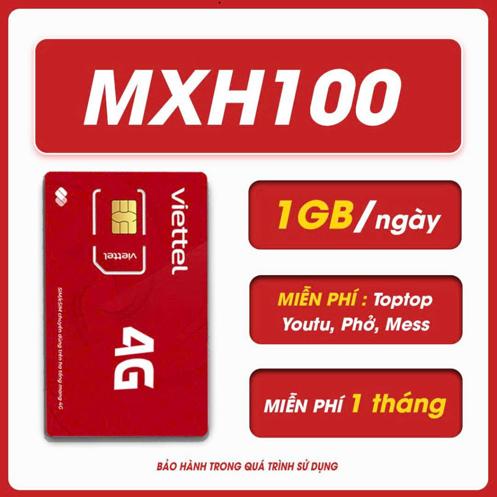Sim Viettel Tỷ GB – MXH100 – Dung lượng 1GB/ngày, free data Face, Tóp, You, gia hạn 100k/tháng - SIM