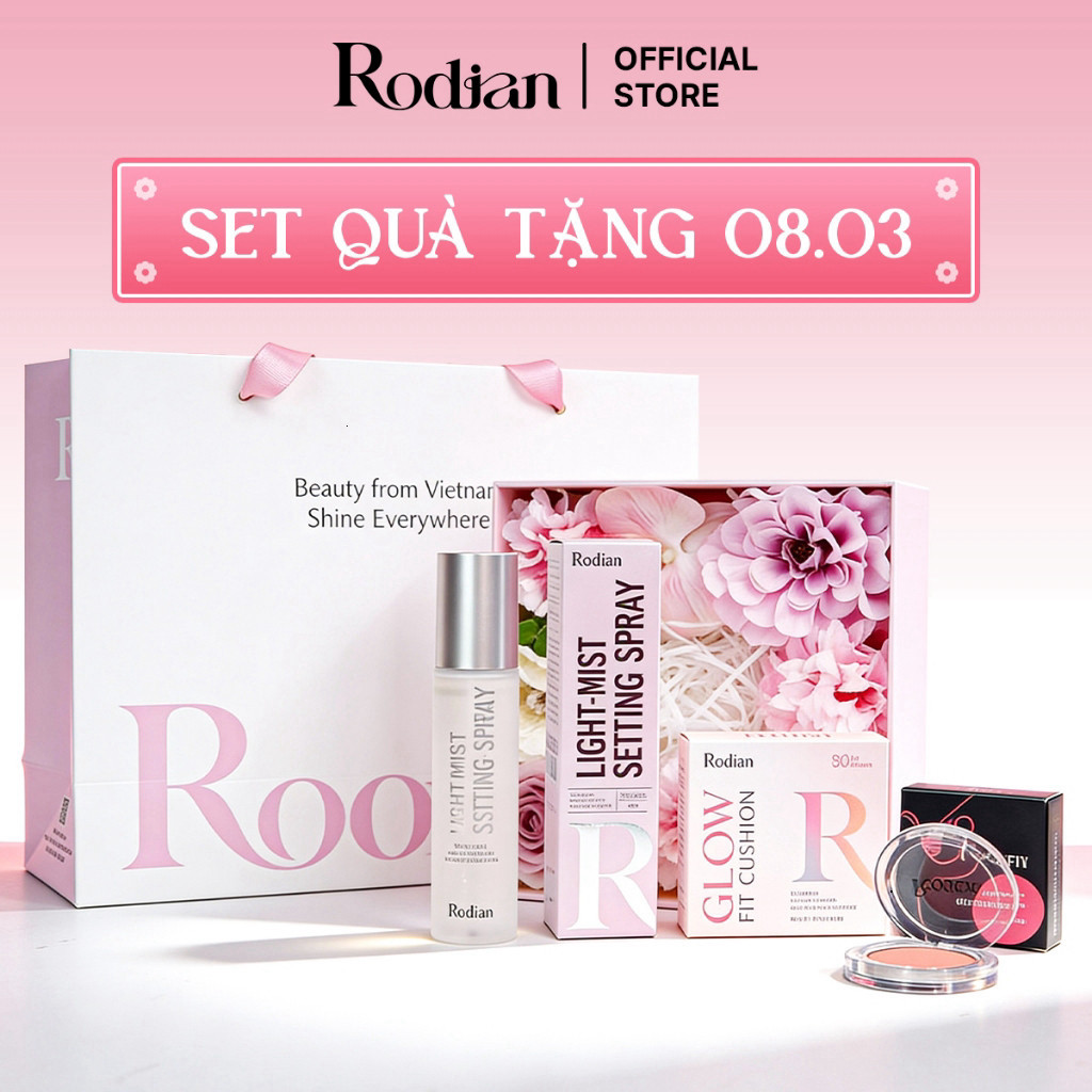 Combo Make Up Tất Đủ Phấn Nước Rodian Glow Fit + Xịt Khóa Nền + Phấn Má Hồng Rodian
