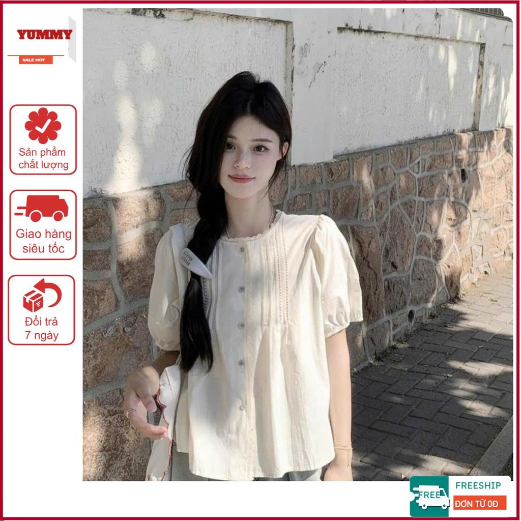 Áo sơ mi nữ YUMMY tay phồng form babydoll tiểu thư, Áo kiểu trắng phối bèo nhẹ nhàng basic - A12 | BigBuy360 - bigbuy360.vn