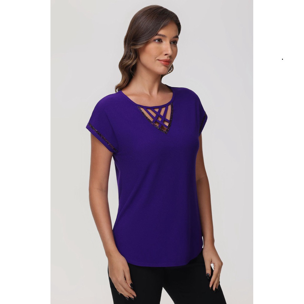 Áo cộc tay thời trang đuôi tôm  cổ và tay đính hạt cequin 13736