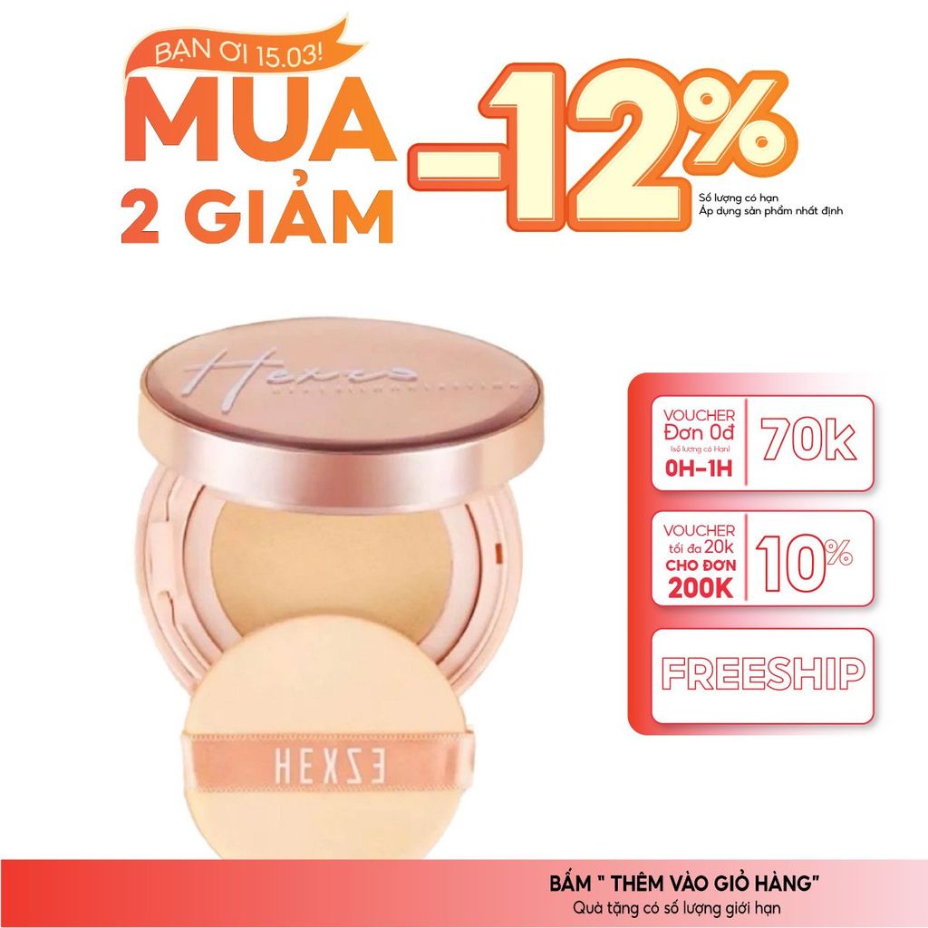 Cushion Cấo Ẩm Kiềm dầu Lâu Trôi HEXZE 15g, Phấn nước Căng Bóng, Mỏng Nhẹ