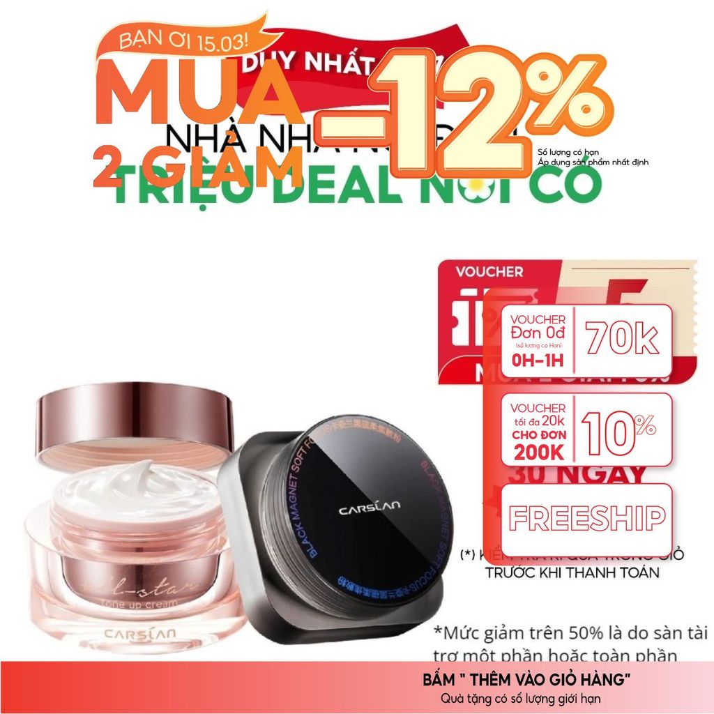 Combo kem lười Carslan nền nhanh – mịn + phấn phủ Carslan kiềm dầu, khóa nền bền màu 2025