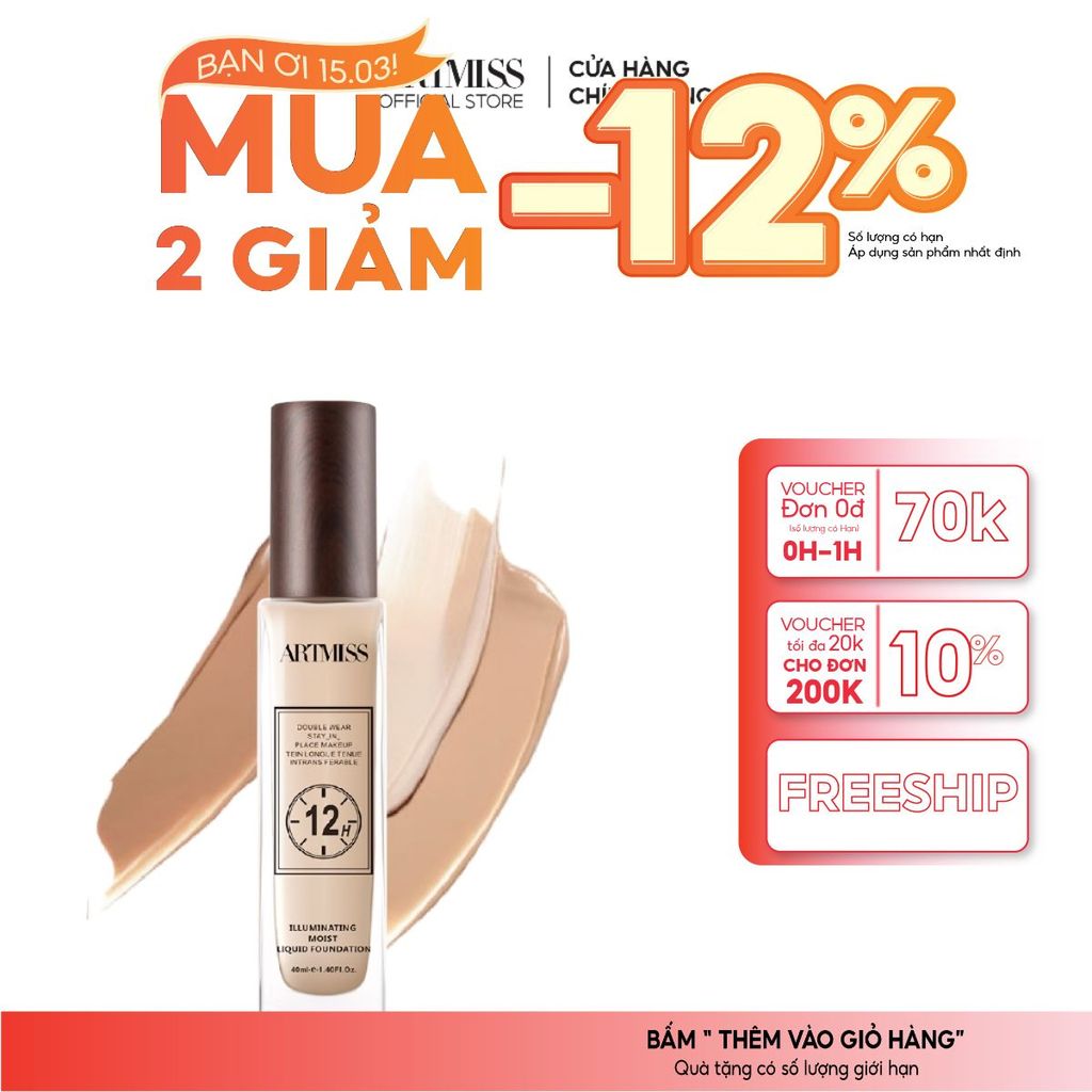 Kem nền artmiss 12h dạng lỏng dưỡng ẩm kiểm soát dầu lâu trôi chống thấm nước 12H - 40ML